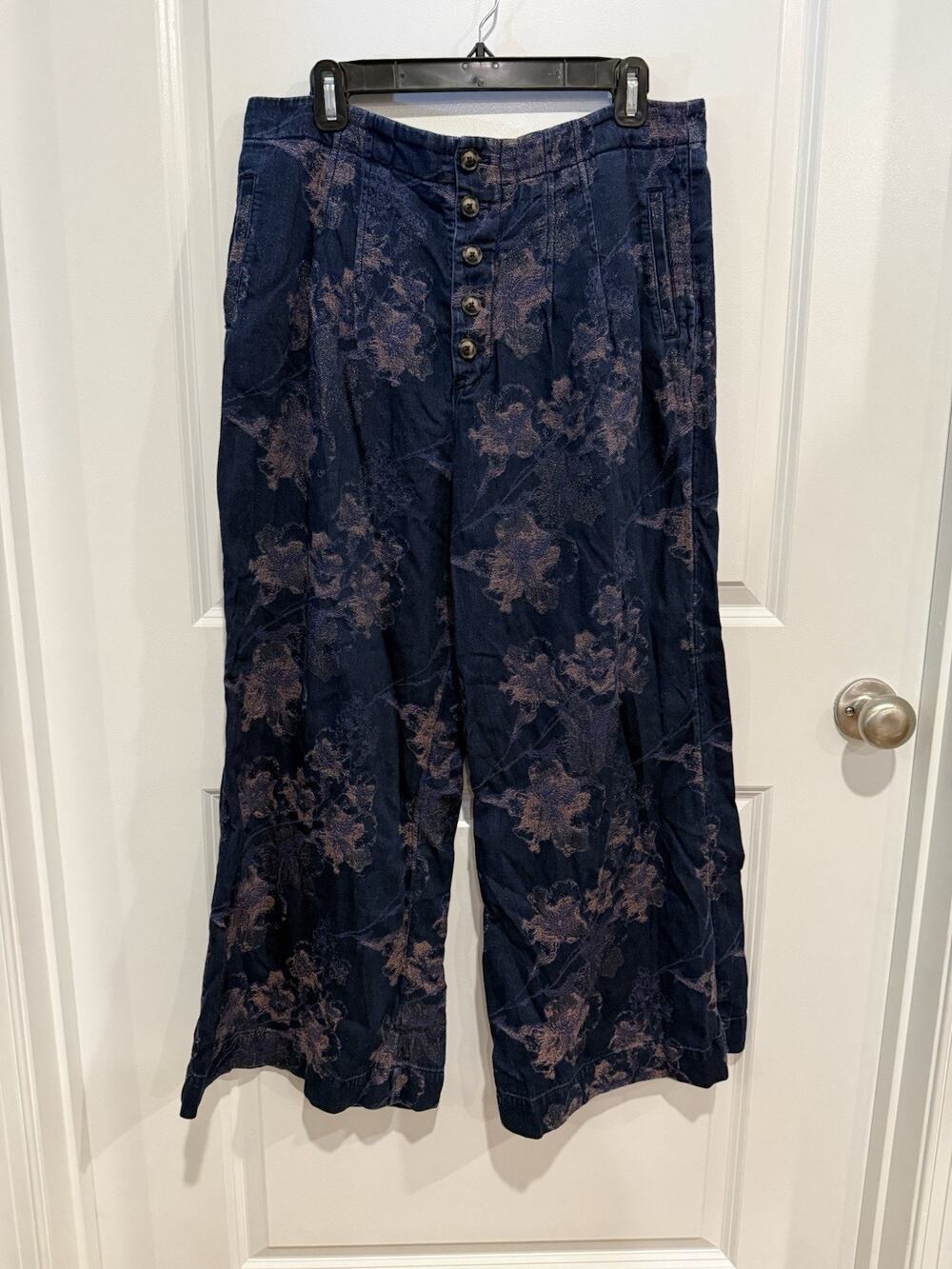 Pilcro Ultra High Rise Wide Leg Floral Jacquard Pants 31P Metallic Button Fly